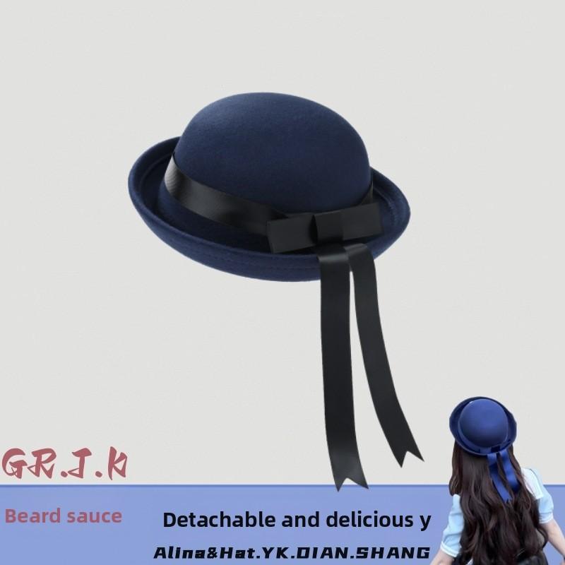 Korean Style Woolen Flat Top Hat With Ribbon For Women Autumn