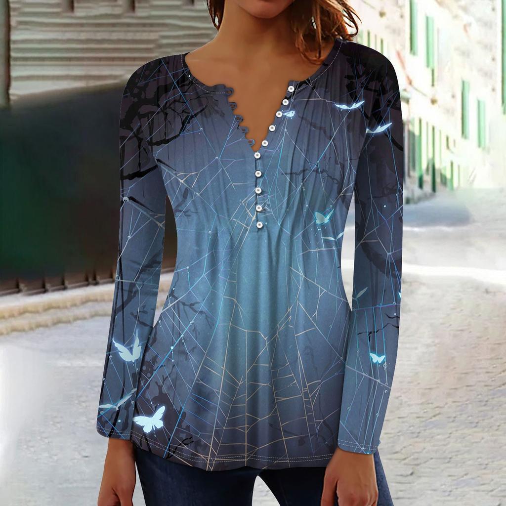 Dam Vår Höst Plisserad Knäppkrage Halloween Tryck Långärmad Topp