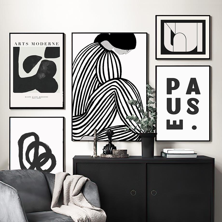 Black White Striped Girl Geometric Lines Curve Posters And Prints Wall Art Canvas Painting For Living Room Decorative Pictures