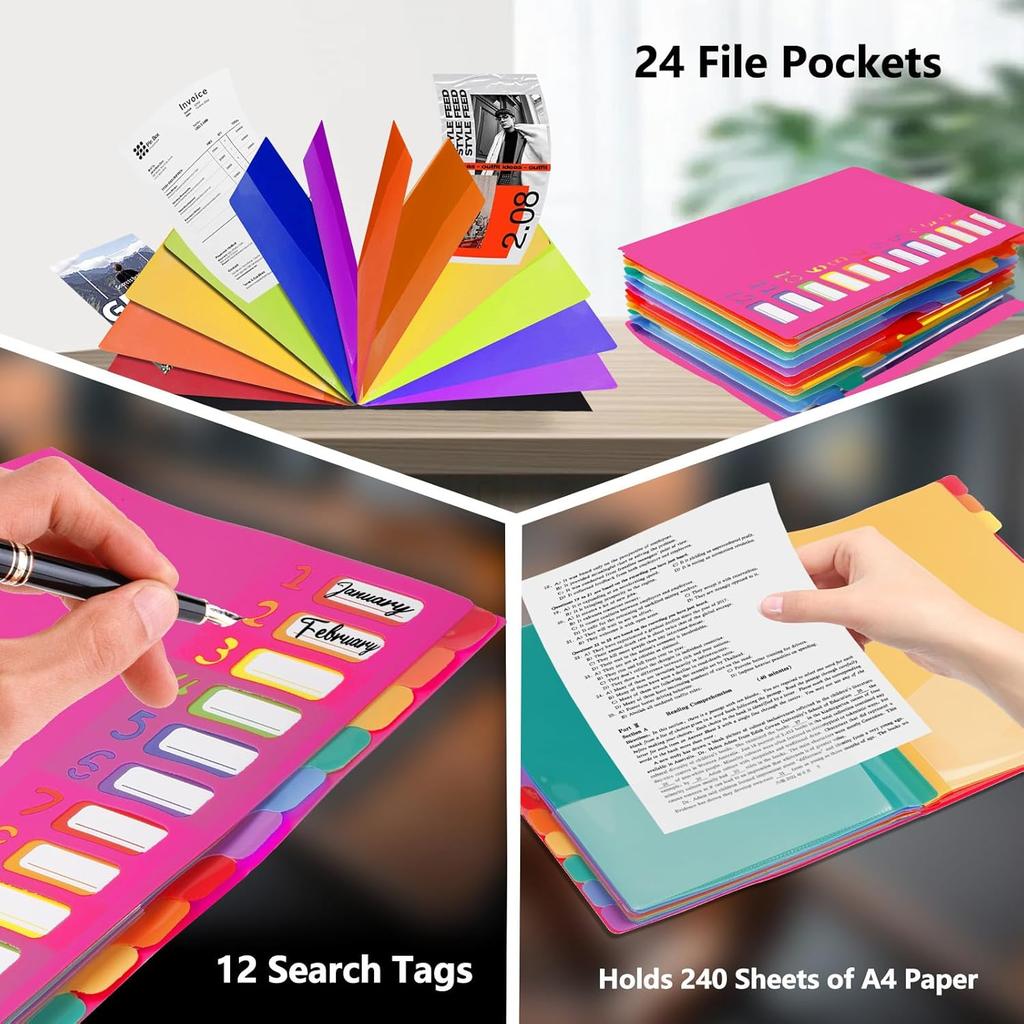 24 Pockets Expanding File Folder Organizer,Accordion File Organizer,A4 Letter Size,Rainbow Tab, for Home/Office/School Document Organizer (Rose Pink)