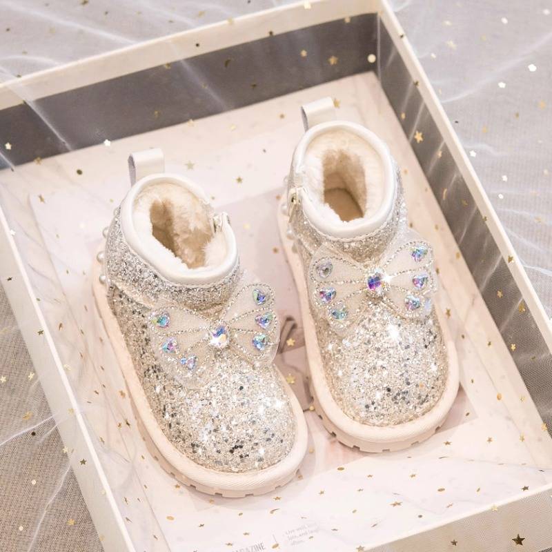Girls Snow Boots Winter 2025 New Children's Cotton Boots Little Girl Fashion Sequined Short Boots Piled Thickened Cotton Shoes