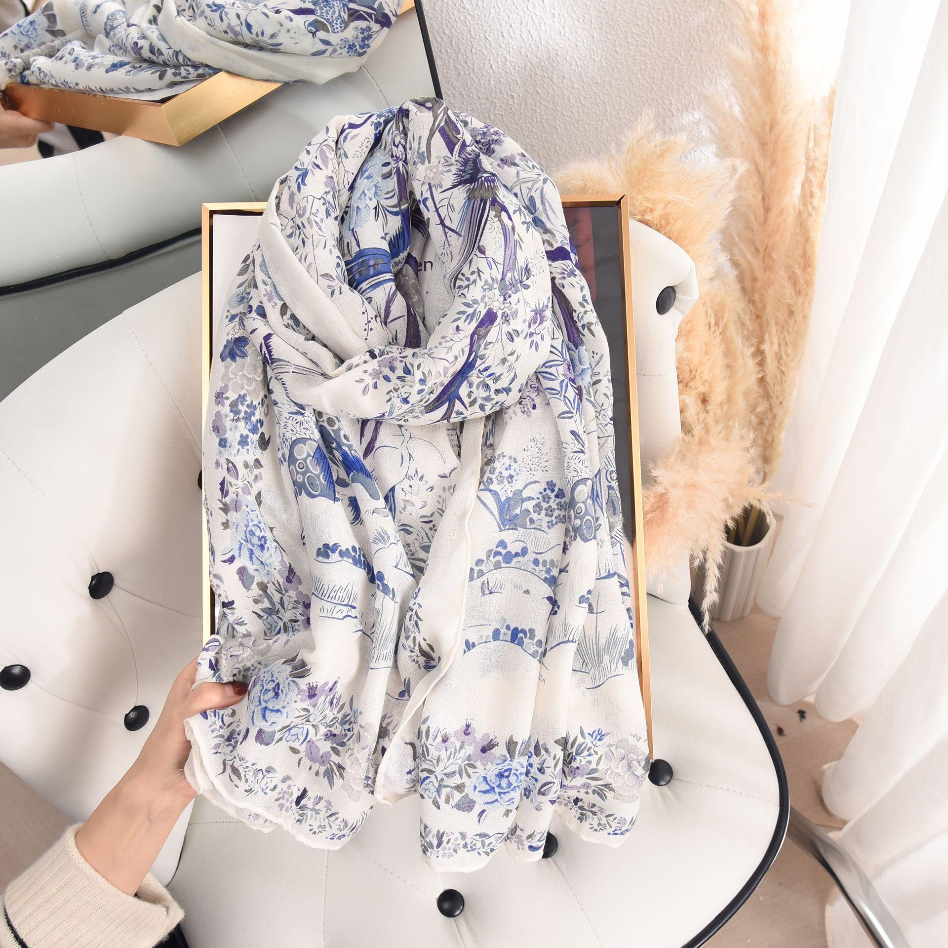 

Тонкий нишевый искусственный хлопок и лен пасторальный напечатанный шелковый шарф японская и корейская женская мода темпераментная шаль высокого класса праздничный подарок 85*180