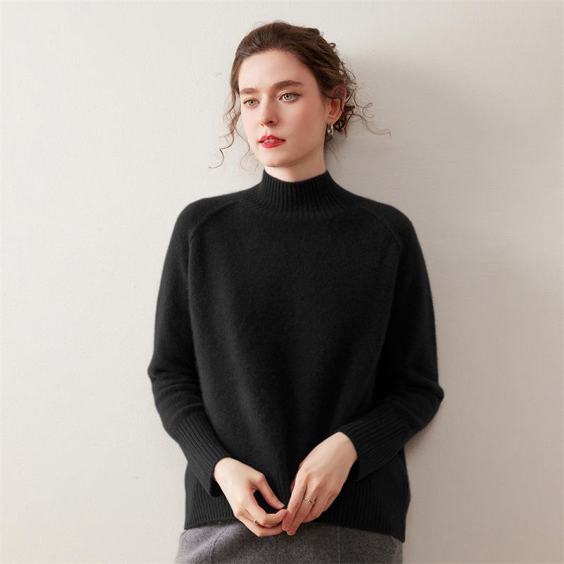 Women's Cashmere Knit Sweater - Solid Color, Half-High Collar, Loose Slimming Fit, Thick Drop Shoulder Sleeves for Autumn/Winter