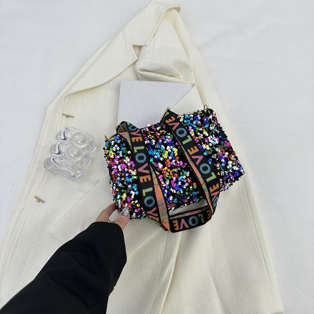 Yogodlns Luxury Women Sequins Wide Strap Shoulder Bag Fashion Shine Casual Crossbody  Bag Female Hip Hop Belt Bags Trend