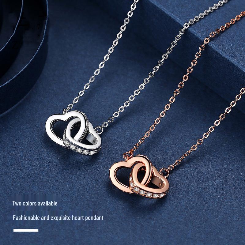 S925 Sterling Silver Heart-to-Heart Rose Gold Necklace with Simple Pendant - Fashionable Japanese and Korean Style Clavicle Sweater Chain