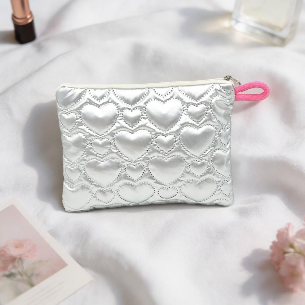 New Multi-function Cosmetic Pouch Bow Decoration Embossed Heart Quilted Makeup Bag Satin Material Toiletry Storage Pouch Girls