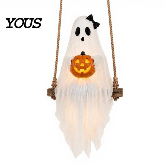 Innen Außen Urlaubsdekoration Halloween Beleuchtetes Geister-Schaukel mit Leuchtendem Kürbis, Hängende Gruselige Spaß Party-Dekorationen für Veranda Hof, 1 white