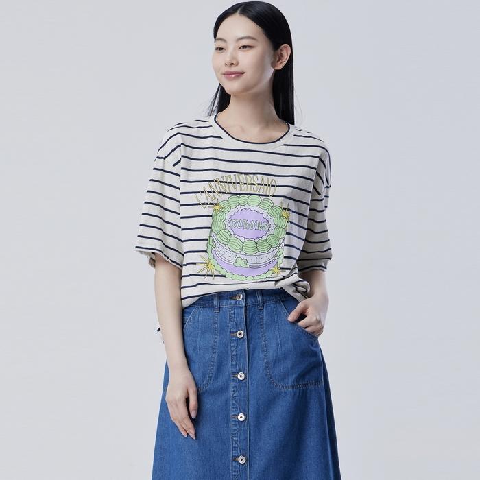Benetong Printed Striped Short Sleeve T-Shirt_Bats99631Ny