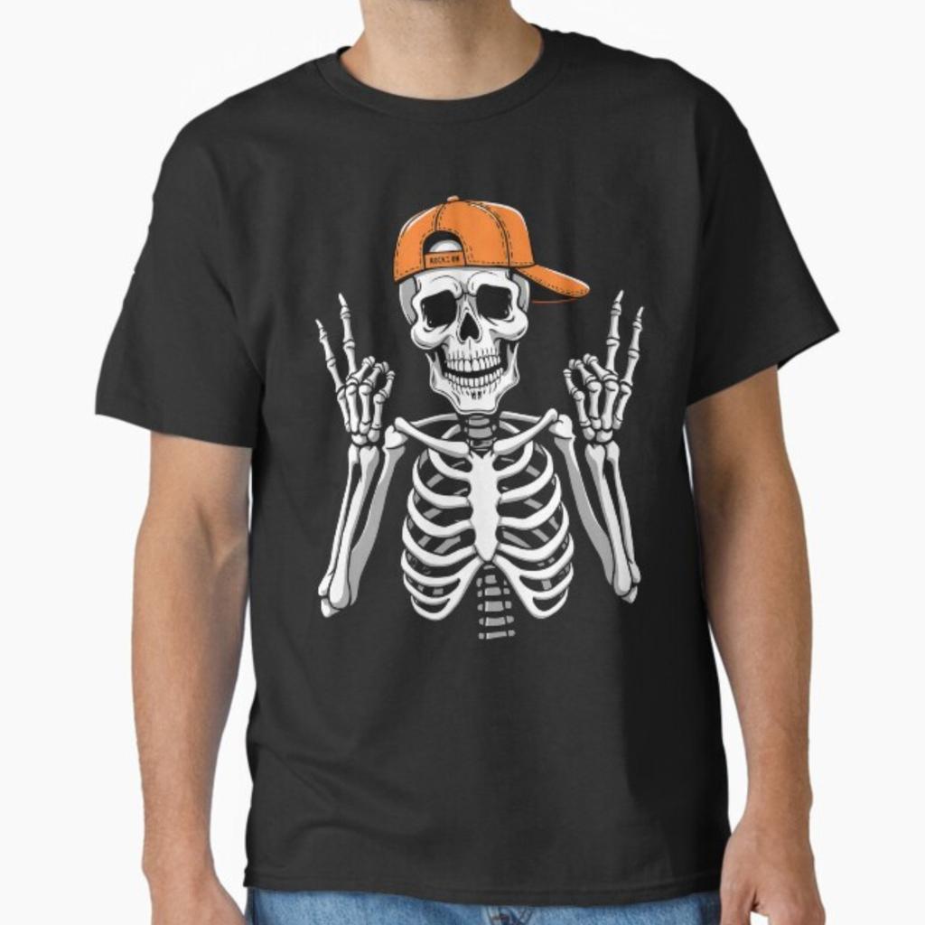 Skeleton with orange cap peace sign Rock On T-shirt