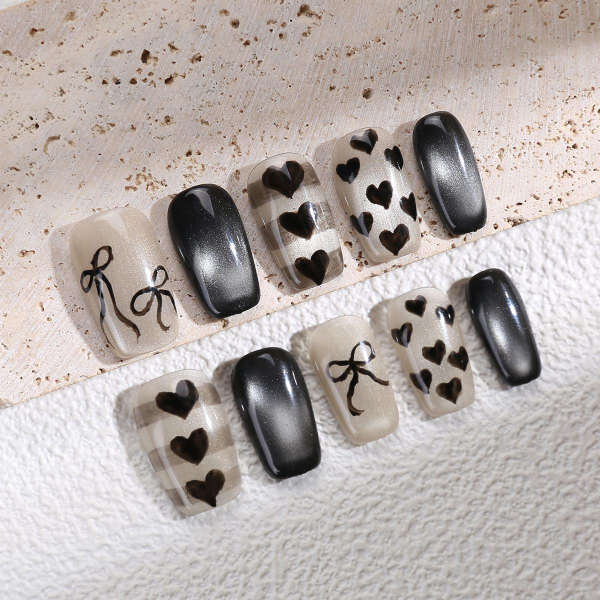 Handmade Crystal Cat Eye Nail Art with Detachable Bow Tips Medium