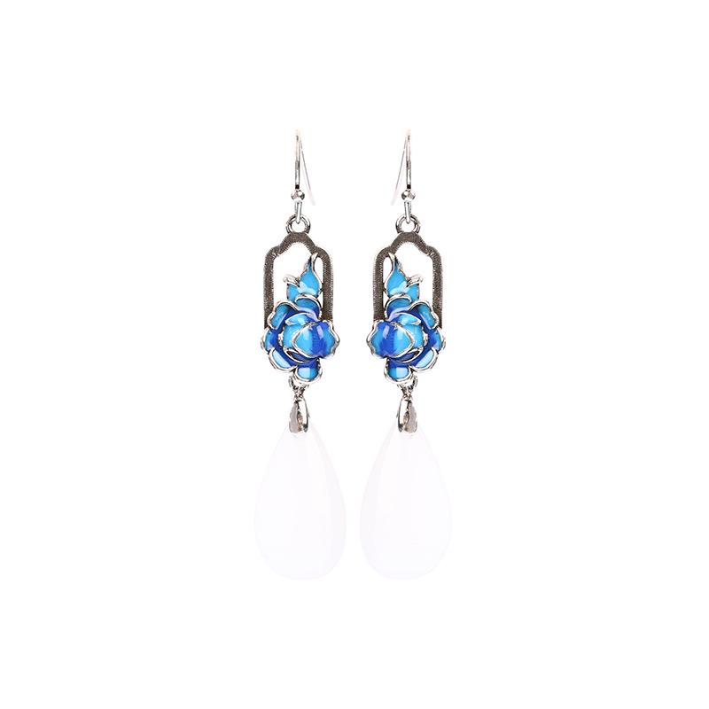 Airyuan Cloisonné Enamel Jade & Silver Earrings with Orchid Design