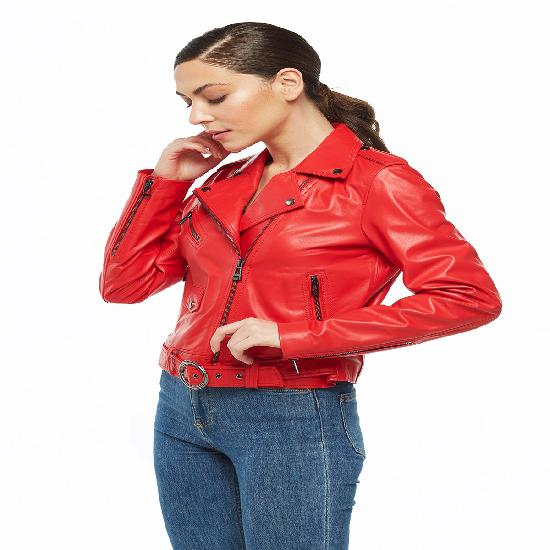 NOORA Womens Lambskin Leather Red Biker Jacket With Zipper & Pocket | Shoulder Strap | Belted Jacket |