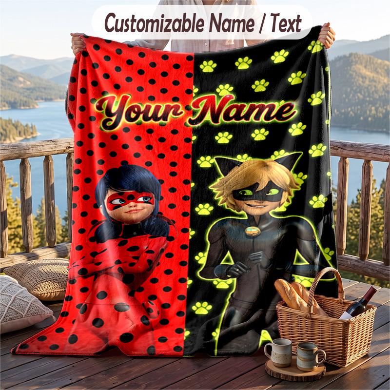 Miraculous Ladybug Flannel Blanket, Personalized Custom Name Text, Soft Warm Plush Throw Blanket For Gift