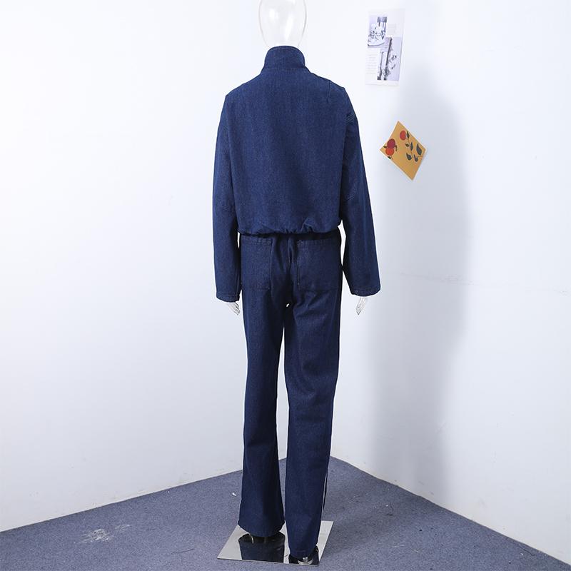 Patchwork Gestreifte Jacke Weitbeinige Hose Set Damen Stehkragen Reißverschluss Locker Jeansjacke Kordelzug Hose Zweiteiliges Set Schlichtes Lässiges Hosen-Set