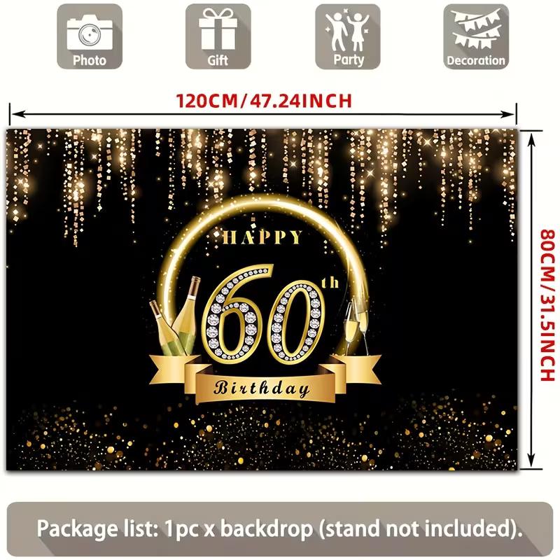 2D Happy 60th Birthday Backdrop, Black Gold Glitter 60 Years Old Party Photography Background Banner