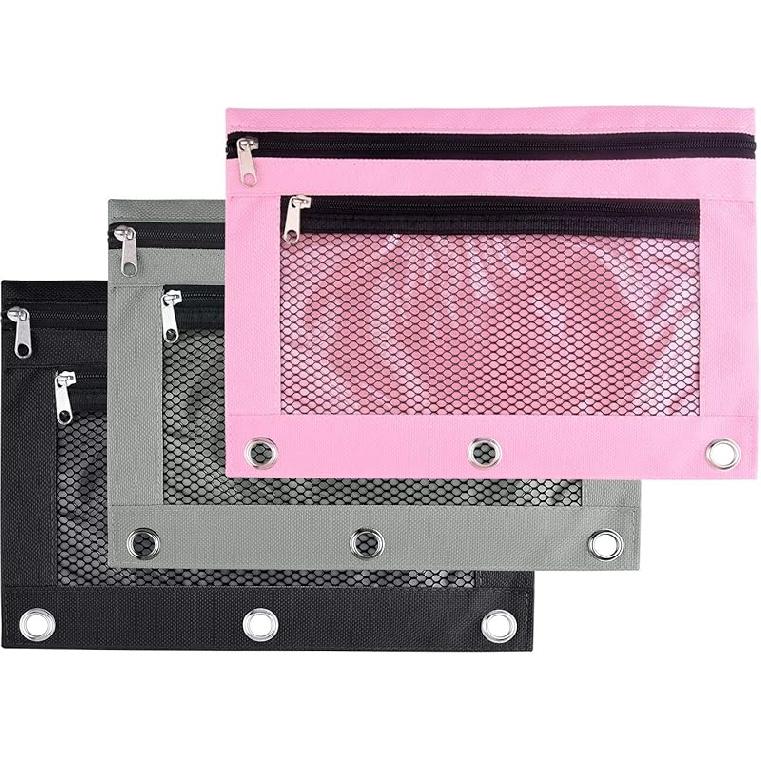 FEPITO 3Pack 3 Ring Binder Pencil Pouches Zipper Pouch Double Pocket Pencil Bag Mesh Window Pencil Case for Stationery