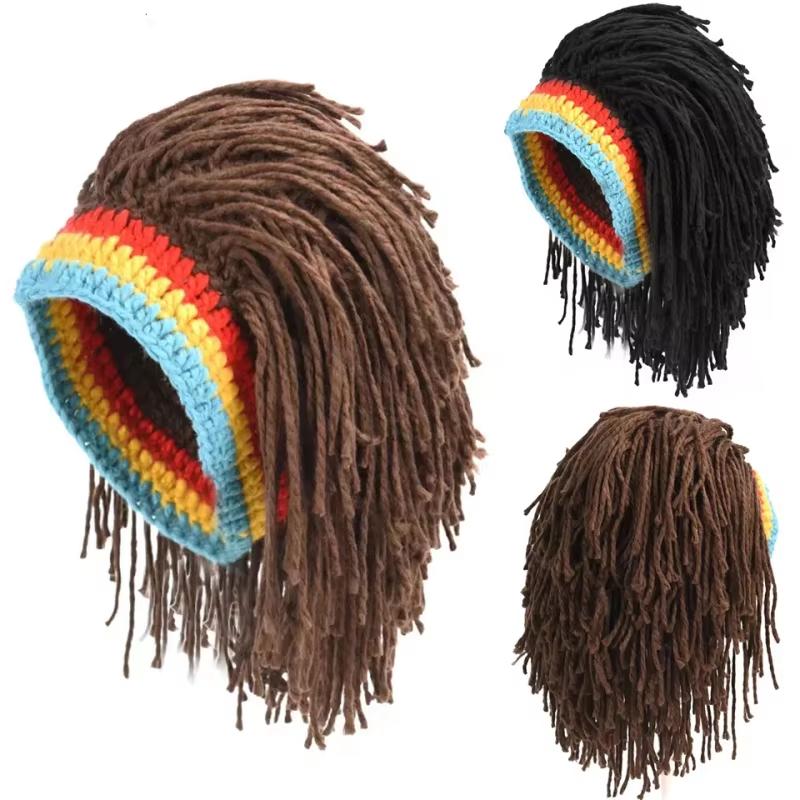 Men Women Synthetic Wig False Braid Dreadlocks Beanie Cap Handmade Crochet Hat Cosplay Party Headwear Warm Knitted Wig Hat