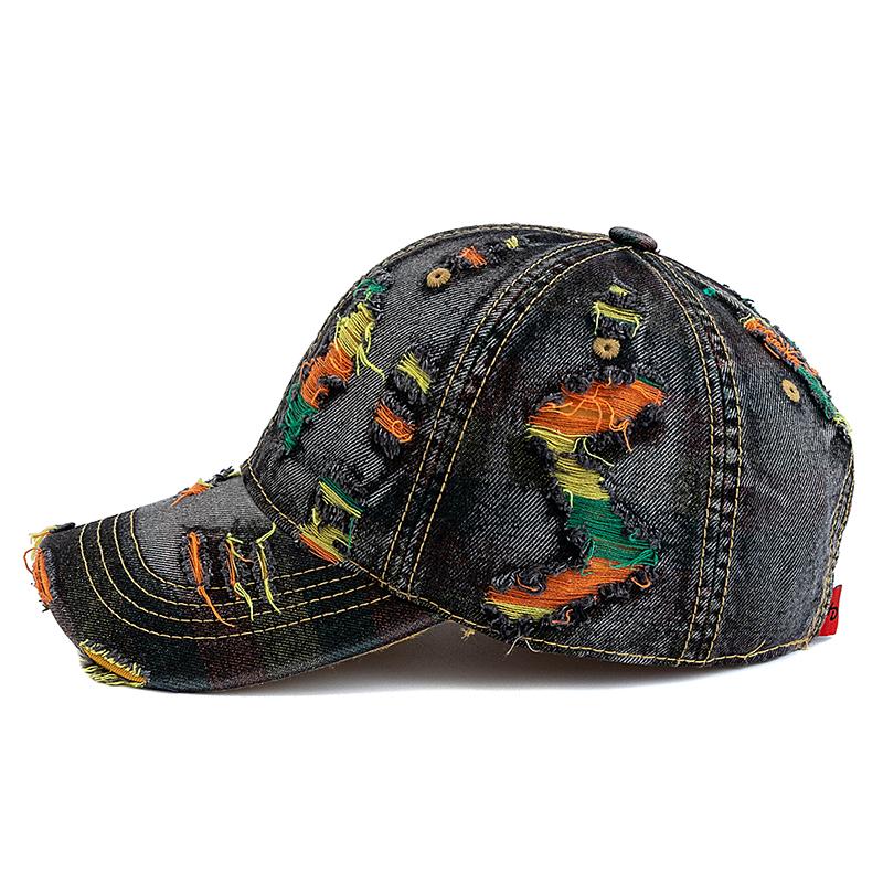 New Style Women Cap Tear Style Hole Vintage Colorful Lines Baseball Caps Female Casual Outdoor Streetwear Denim Hat