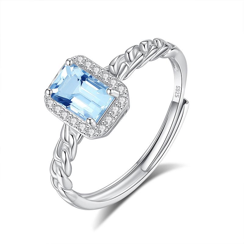 S925 Silver Square Crystal Open Ring, Multiple Colors, Adjustable Dainty Band, Korean Style Daily Jewelry Gift for Women