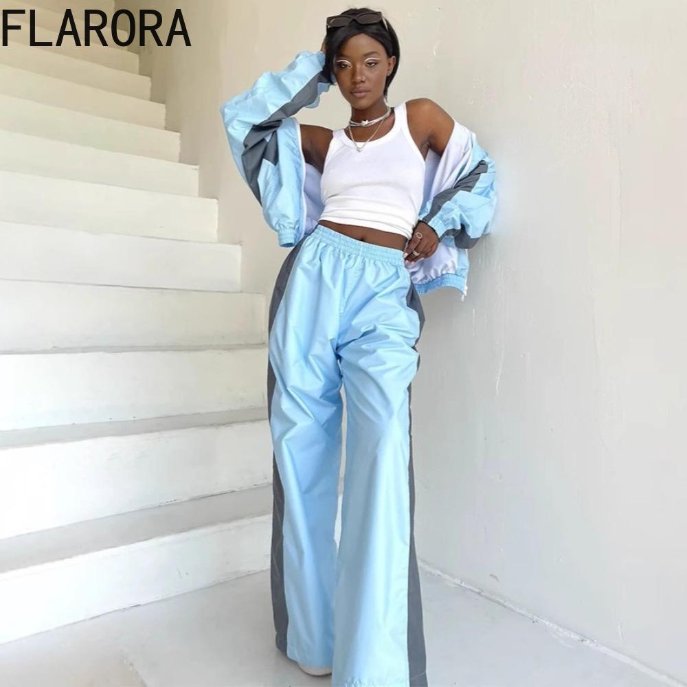FLARORA Mode Color-Blocking 2-teilige Sets Damen Langarm Reißverschluss Lockere Jacken und Gerade Bein Hosen Outfits Street Trainingsanzüge
