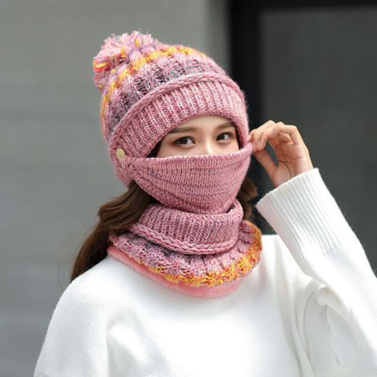 Set de eșarfe pentru pălărie de tricotat, 3 bucăți/set, căptușeală de pluș îngroșată, decor cu minge cu blană, pălărie, încălzitor de gât, set de protecție pentru față detașabil