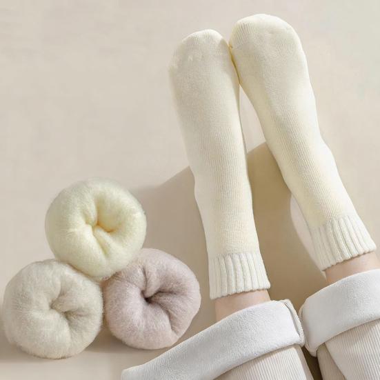 1 Pair Women Winter Socks Solid Color Ribbed Cuffs Thickened Plush Lining Sleeping Socks Autumn Winter Daily Wear