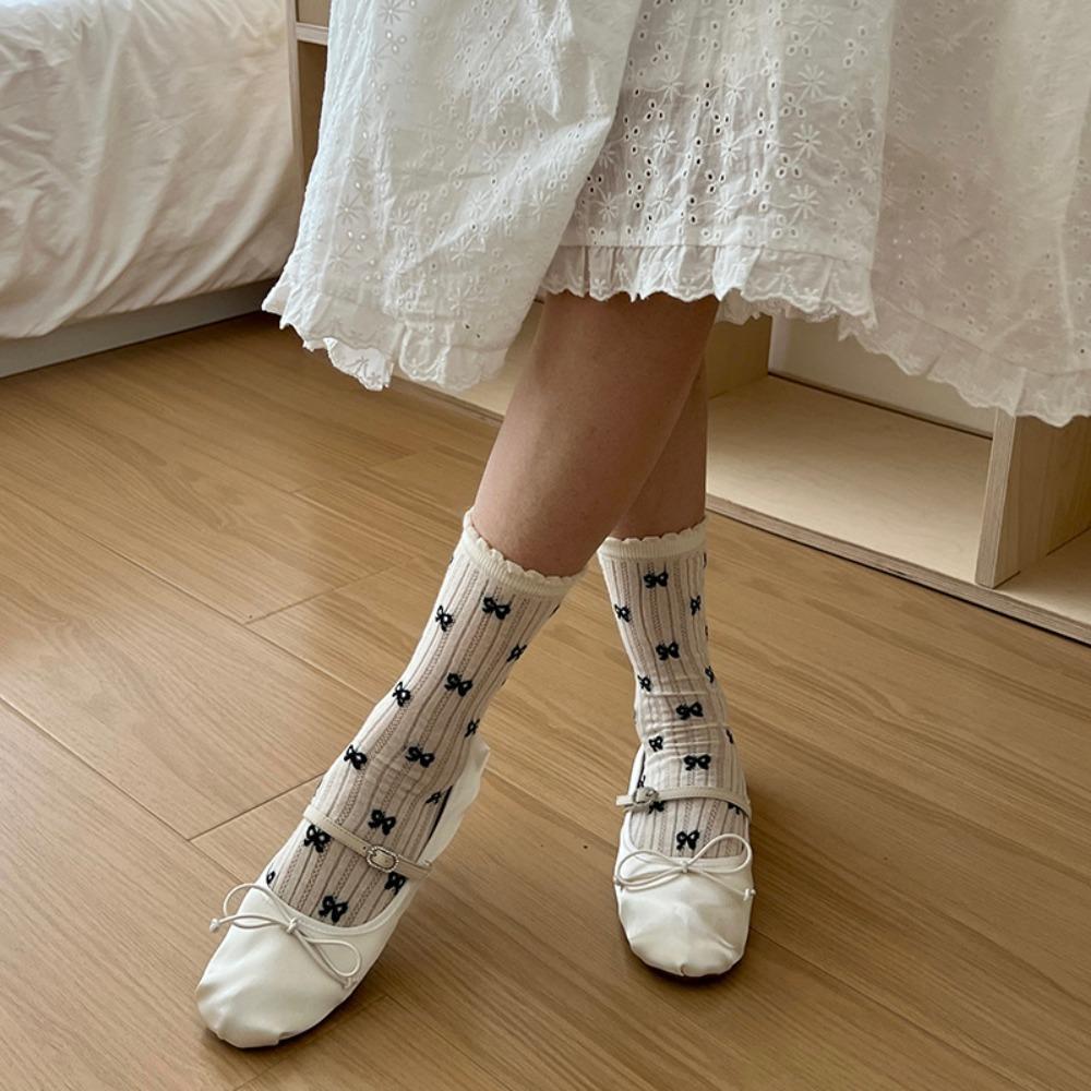 

Mesh Embroidery Bowknot Socks Mid Tube Balletcore Bow Sock Ins Spring gray-bow knot