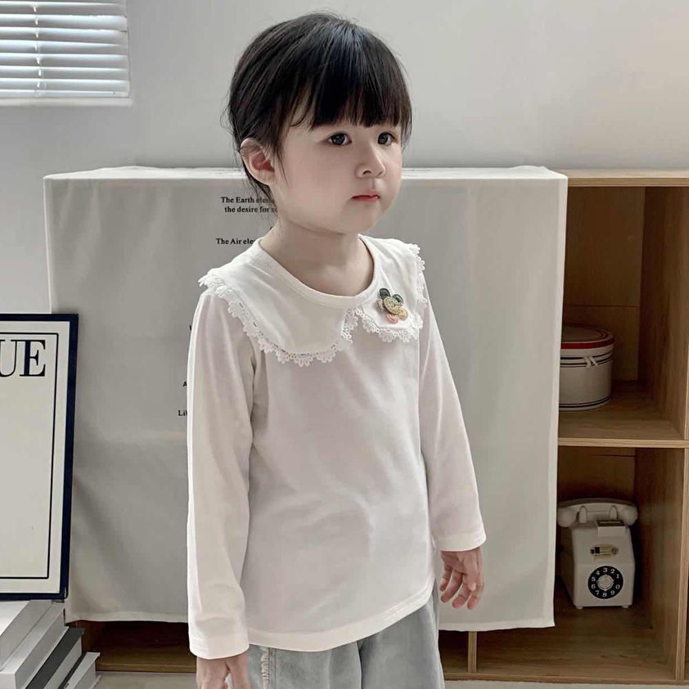 Girls' White Peter Pan Collar Long Sleeve Cotton T-Shirt for Spring/Autumn