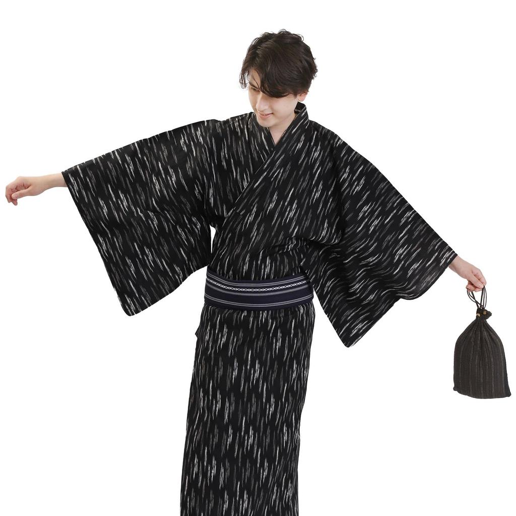 Fuuka Yukata and Obi Set Size Black Kasuri Pattern Made In Navy Size Z33001M Men's (2-Piece Set), M, (Obi, Japan, Blue, B45)