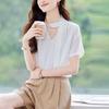 TeloMan Women's V-Neck Short-Sleeve Blouse with Tie-Neck Design
