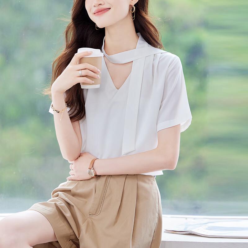 TeloMan Women's V-Neck Short-Sleeve Blouse with Tie-Neck Design