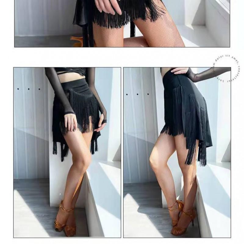 Womens Latin Dance Skirt With Fringe Hem Professional Practice Outfit Milk Silk Stretch