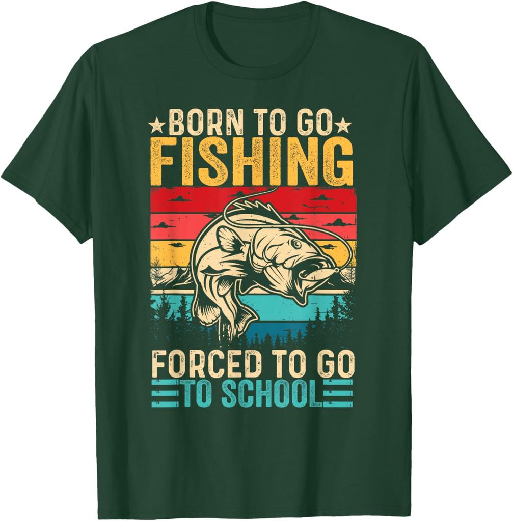 Born To Go Fishing Forced To Go School Graphic TShirt Retro Sunset Lake Trees Men Casual Tee