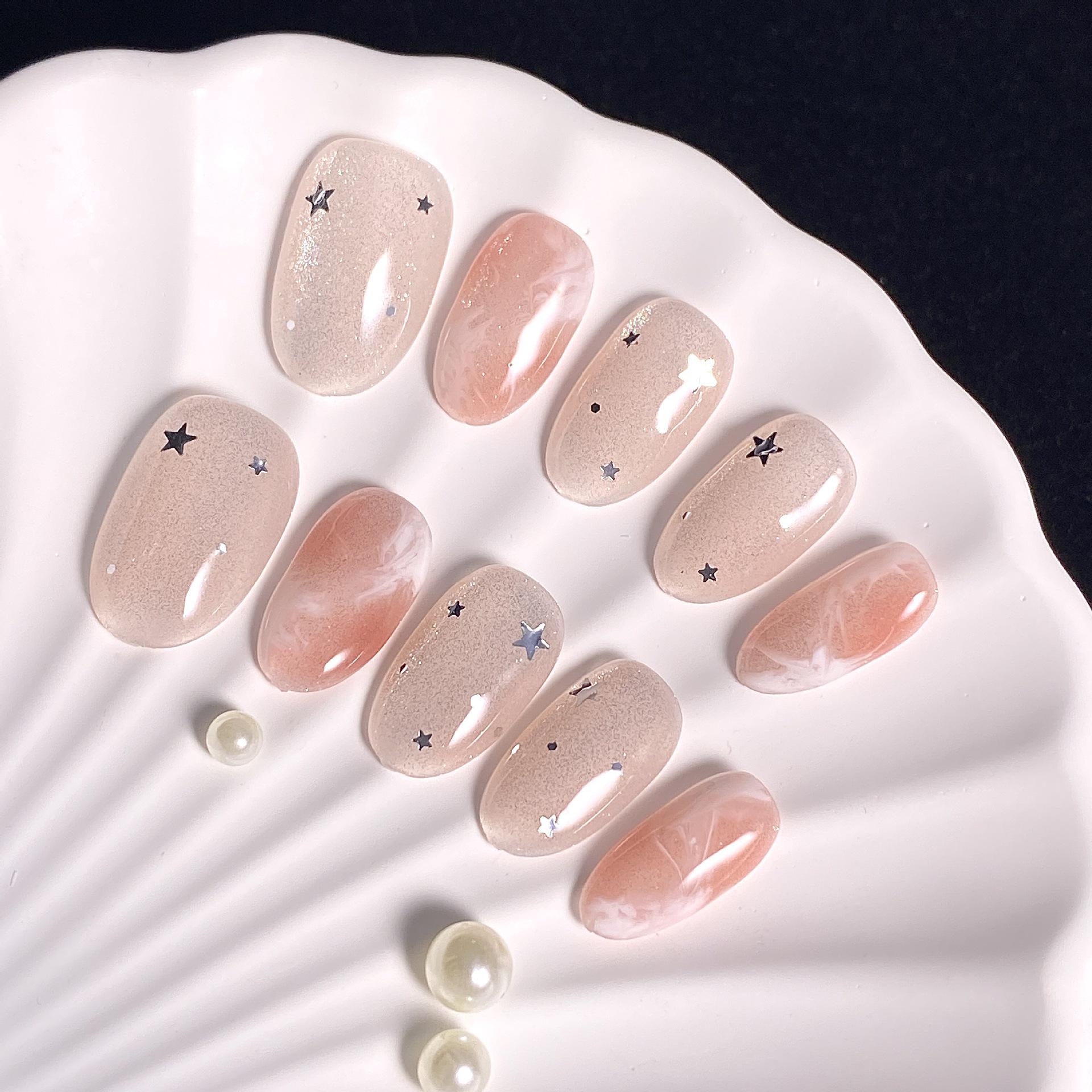 Nude Pink Gradient Rhinestone Glitter Short Oval Detachable Nail Stickers Large