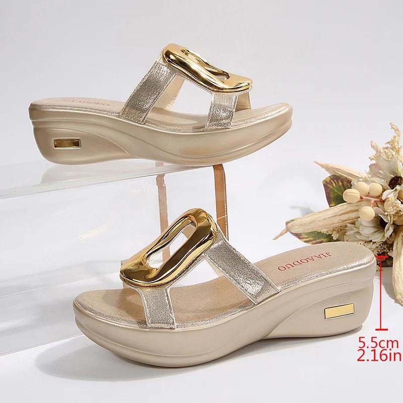 Metal Decoration Wedge Slippers for Women Gold Silver Platform Sandals Woman Summer 2025 Comfort Thick Sole Beach Slides