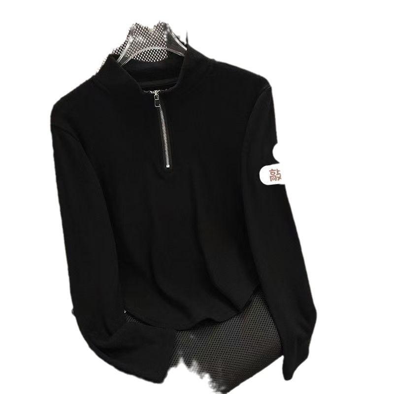 Half Zipper Stand-up Collar Thickened Bottoming Shirt Women's Autumn and Winter New Thin Waist Short Top