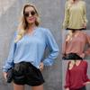 Sexy V-Ausschnitt Elastische Puffärmel Rüschenhals Schlanke Bluse
