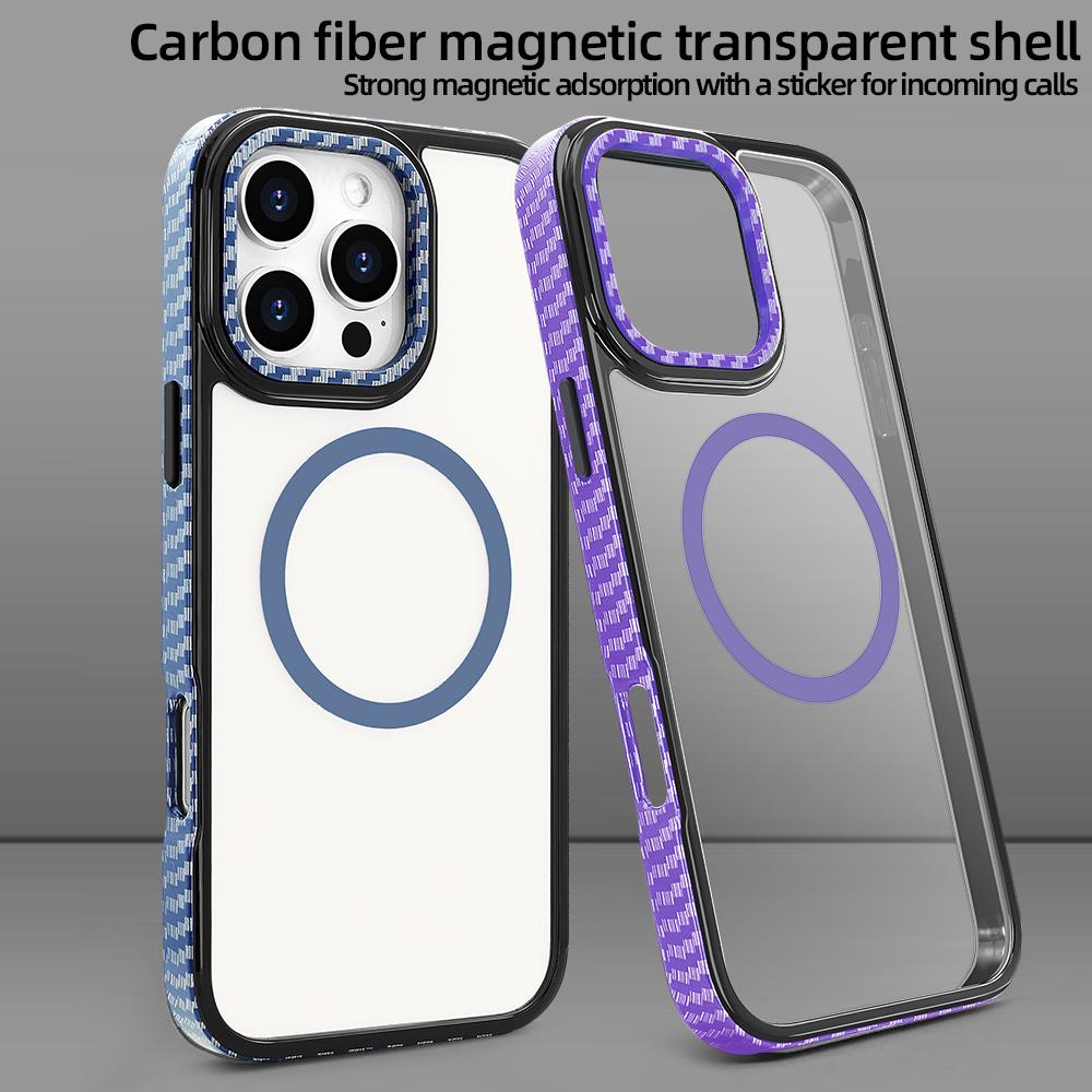 For IPhone 16 Pro Max Strong Magnetic Phone Case Carbon Fiber Pattern Frame Transparent Cover for IPhone 16 Pro, Wireless Charge
