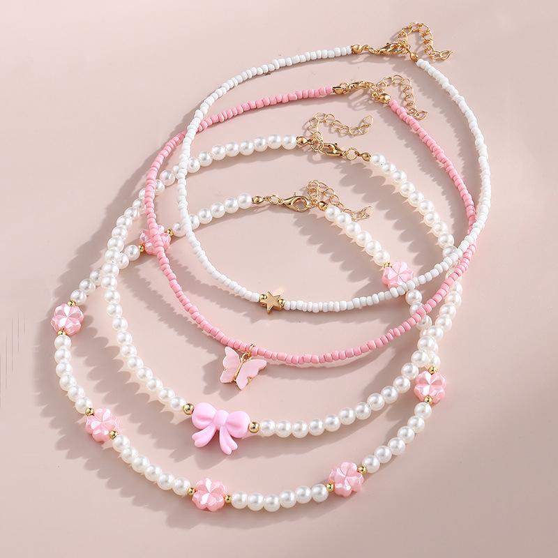 4Pcs/Set Jewelry Pink Love Butterfly Pendant Imitation Pearl Rice Beads Handmade Beaded Children Necklace Friend Gift