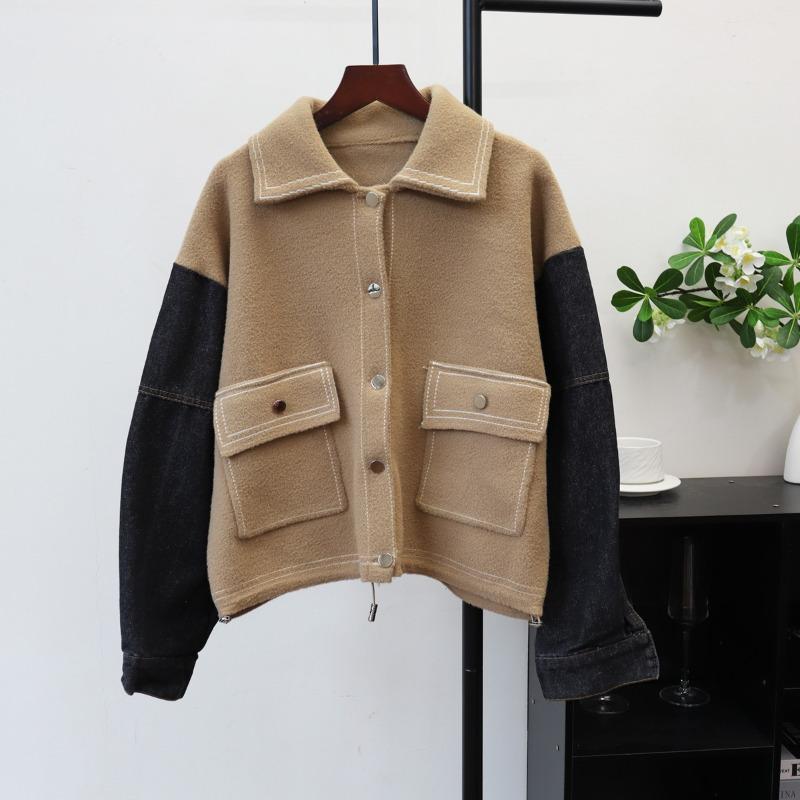 

Осень и зима новый вязаный кардиган из денима в стиле пэчворк из двусторонней шерсти, свободный повседневный дизайн, свитер-куртка женская One size верблюд