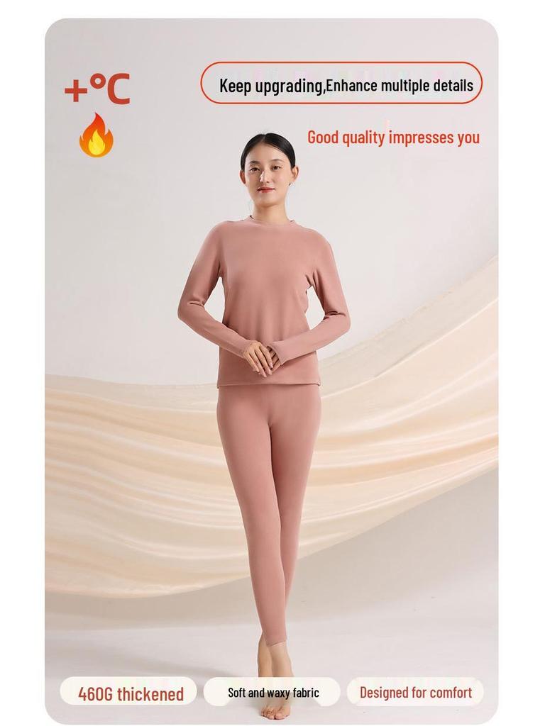 Dámská hřejivá sametová spodní souprava s fleecovou podšívkou - Zesílená, přiléhavá, 460G hřející, zimní dlouhé spodky s kyselinou hyaluronovou
