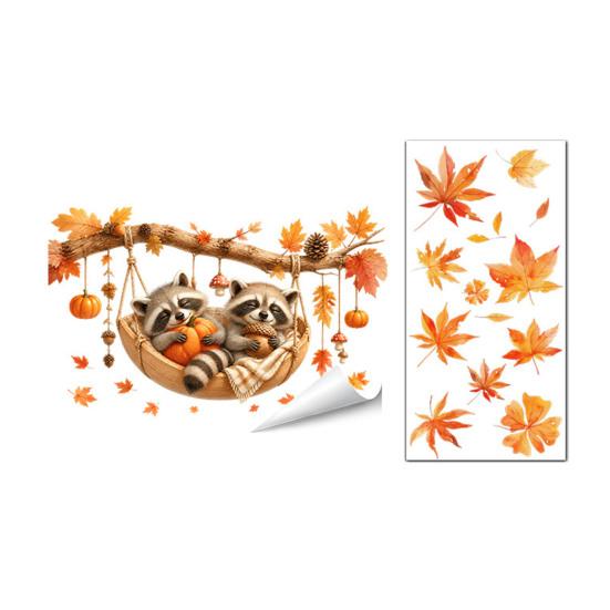 Pumpkin Window Art 2Pcs Fall Maple Leaves Animals Static Stickers, Autumn Squirrel/Hedgehog/Rabbit/Raccoon Glass Waterproof Decals PVC Clings for Home