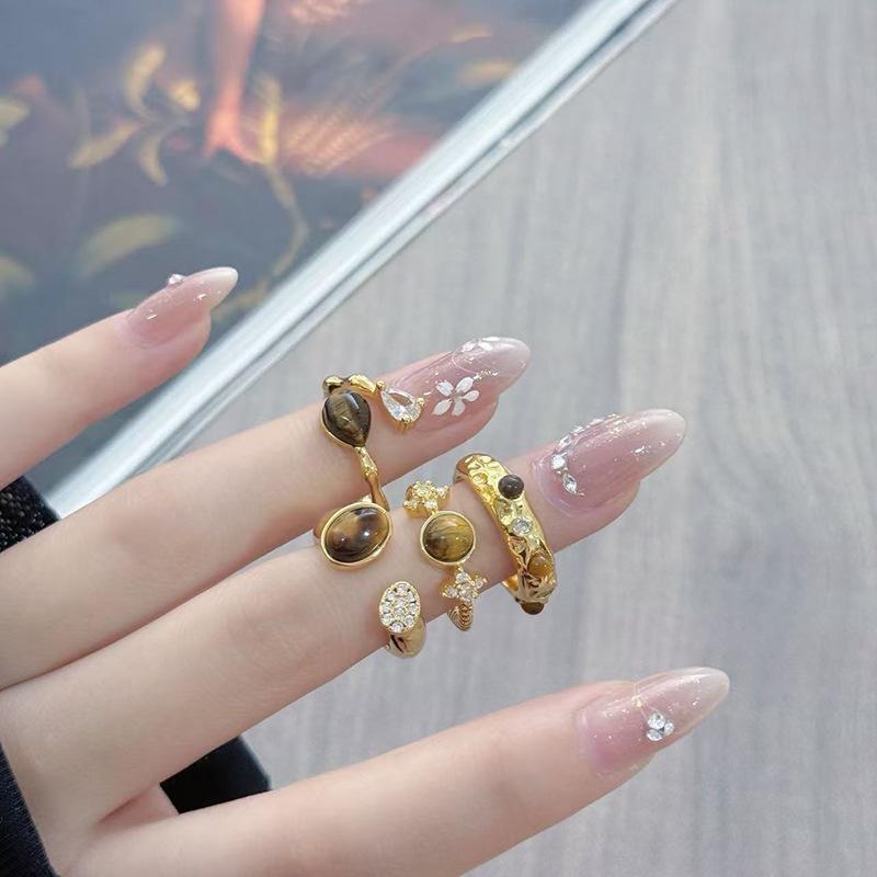 Maillard Imitation Tiger'S Eye Stone Inlaid Zir*****Pen Ring, Female Irregular Temperament Simple Retro Personality Stacked Ring