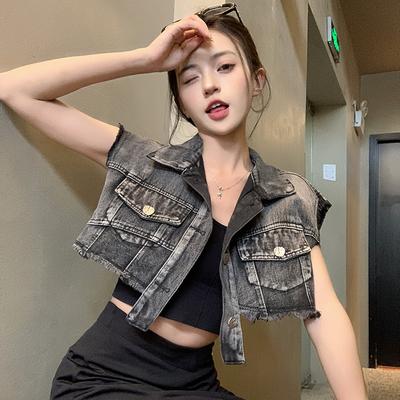 American Hot Girl Short Style Navel-baring Sleeveless Raw Edge Denim Vest Vest American Retro Sweet Cool Style Versatile Women