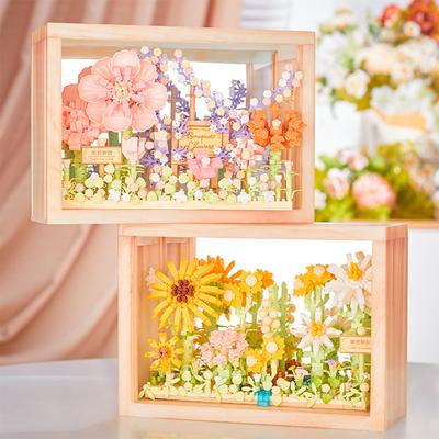 קוביית בניין פרחים עם מסגרת תמונה DIY חמנית ורד קישוטי קוביות בניין אור לילה מתנות לבנות ובנים