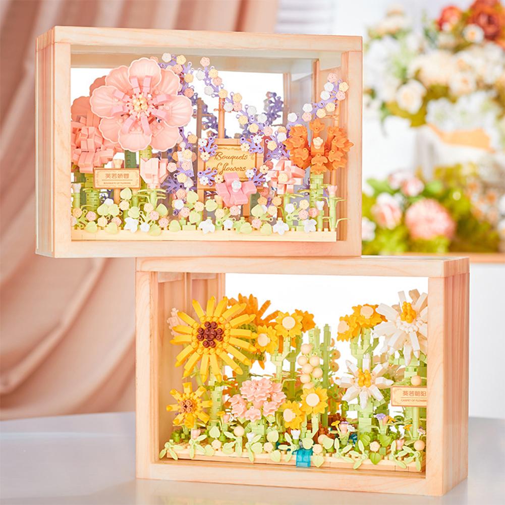 Květinové stavebnice s rámečkem na obrázky DIY Slunečnice Růže Stavební kostky Ozdoby Noční světlo Dárky pro dívky chlapce
