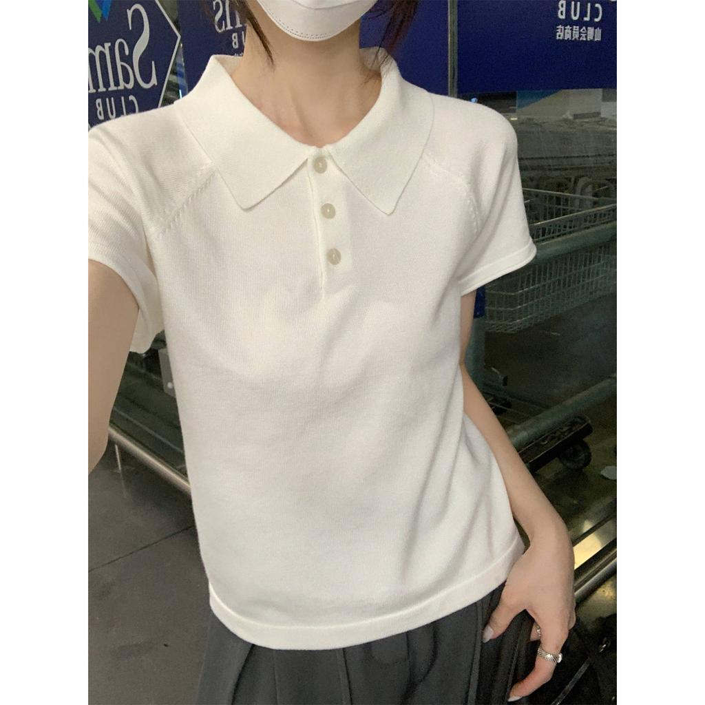 Premium Polo lapel knitted sweater short-sleeved women's summer T-shirt small fashionable temperament bottoming top