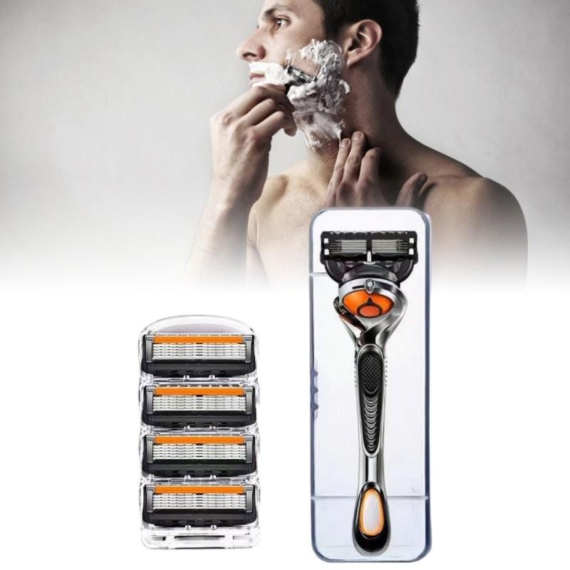 Innowacyjna maszynka do golenia z pięcioma ostrzami dla panów w stylowej pomarańczowo-czarnej kolorystyce
