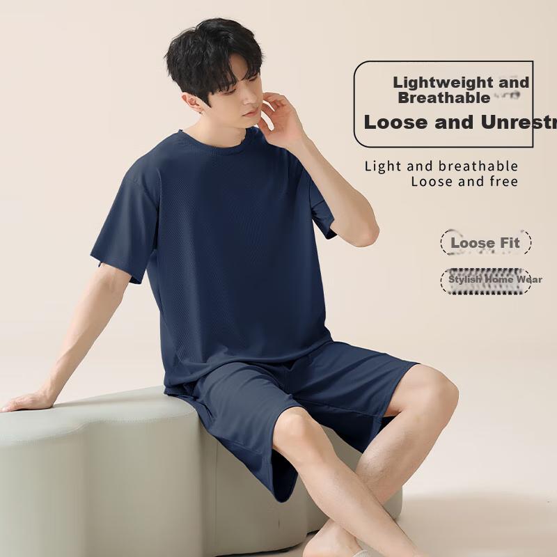 XUEXIMAN Men's Pajamas, 2026 New Summer Style, Ice Silk Ribbed Short Sleeve Shorts, Thin Comfortable Wearable Loungewear Set