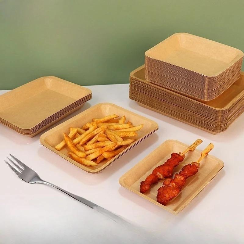 50pcs Disposable Biodegradable Kraft Paper Lunch Box Picnic BBQ Cake Salad Plate Square Tray Tableware for Snacks and Snacks